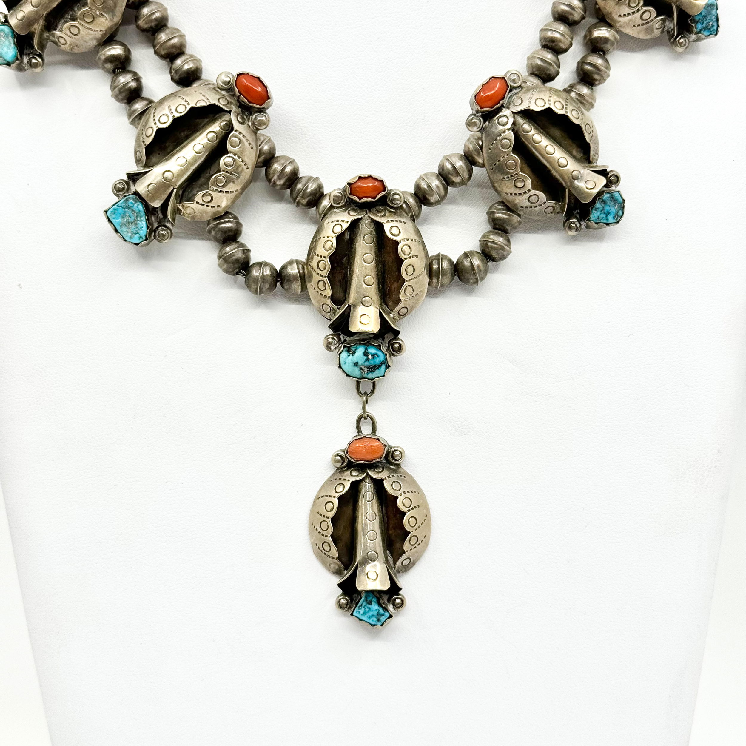 Coral and Turquoise Sterling Silver Squash Blossom