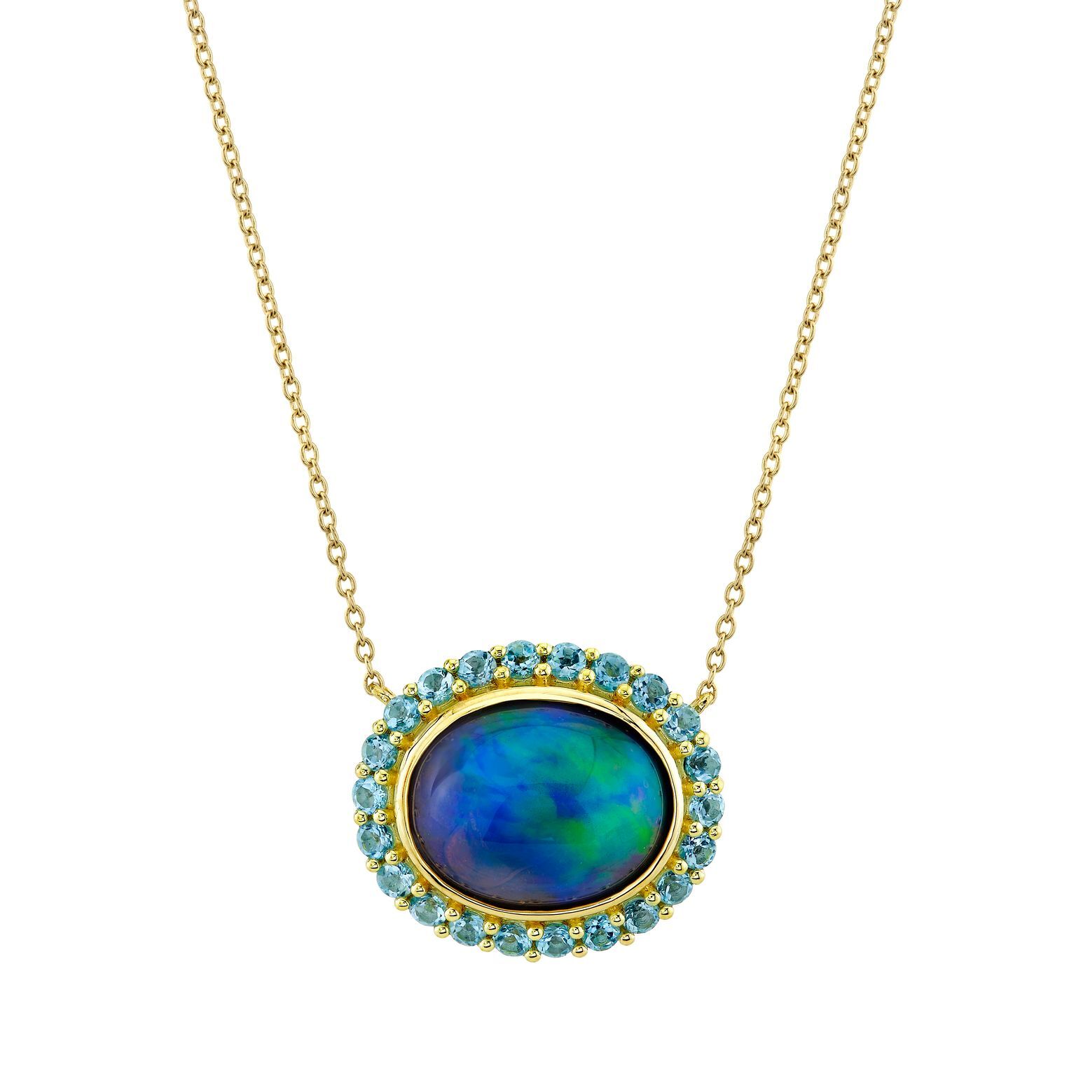 OVAL ETHIOPIAN OPAL PENDANT WITH SWISS BLUE TOPAZ HALO