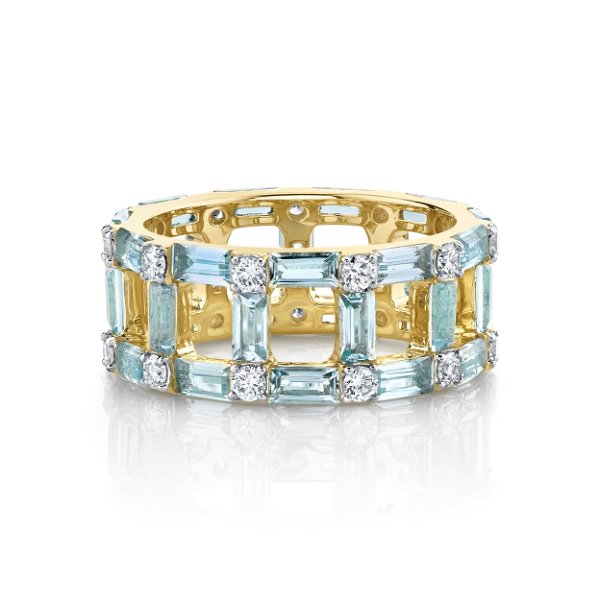 Closeup photo of T SWISS BLUE TOPAZ BAGUETTE BAND WITH WHITE DIAMOND DETAIL
