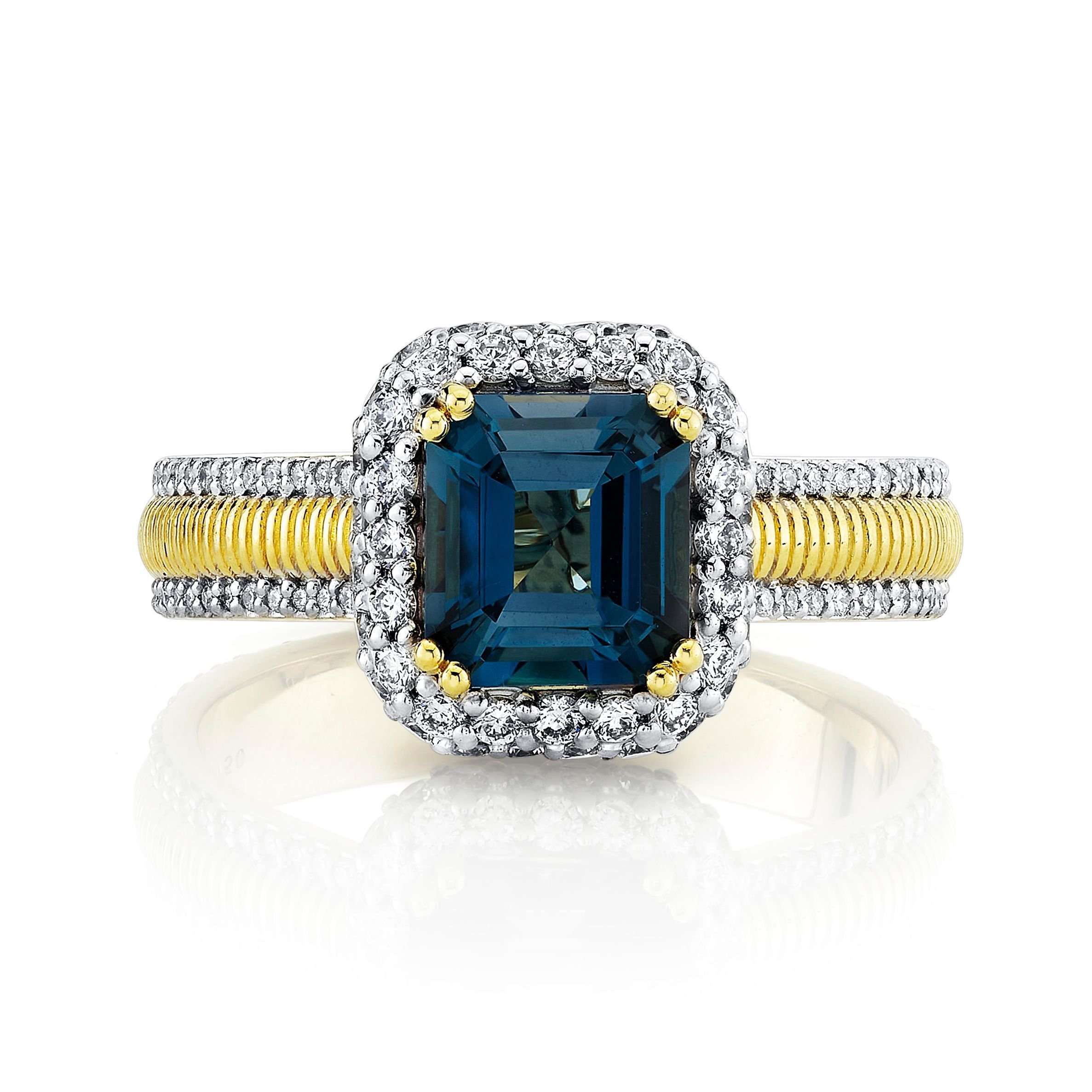 LONDON BLUE TOPAZ CUSHION RING WITH WHITE DIAMOND DETAILING AND STRIE SHANK