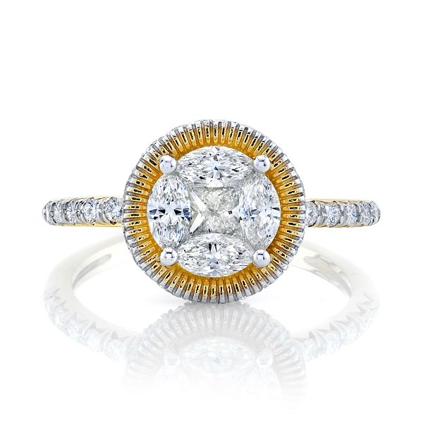Closeup photo of 2 CARAT CIPRIANI RING WITH STRIE HALO AND FRENCH PAVE DETAILING