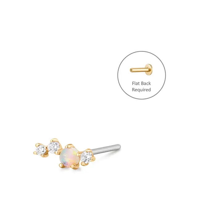 Natural opal and diamonds shine in this modern asymmetrical design.  A combination of feminine and edgy, this constellation inspired piercing stud is sure to garner all the compliments. Product Details: Material: 14K Solid Gold Pin Post: Stainless Steel Dimension: 6*2mm Opal Size: 2mm Diamond Size: 1mm / 1.2mm Diamond VENUS | Single Opal And Diamond Threadless Flatback Earring – AURELIE GI