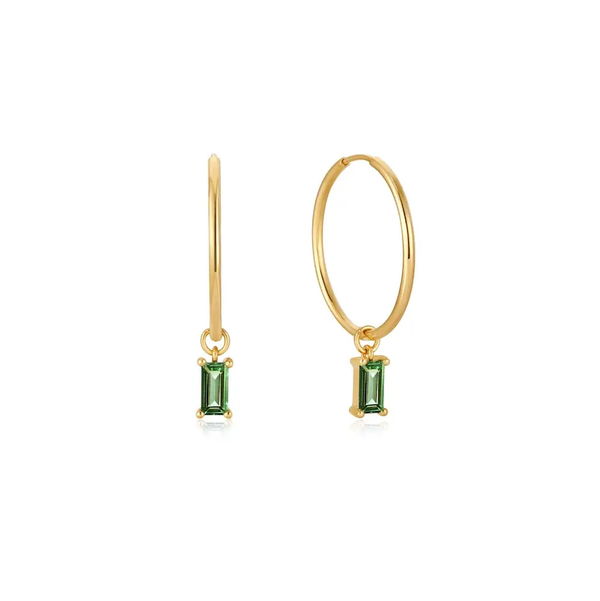 Closeup photo of 14kt Gold Tourmaline Drop Mini Hoop Earrings