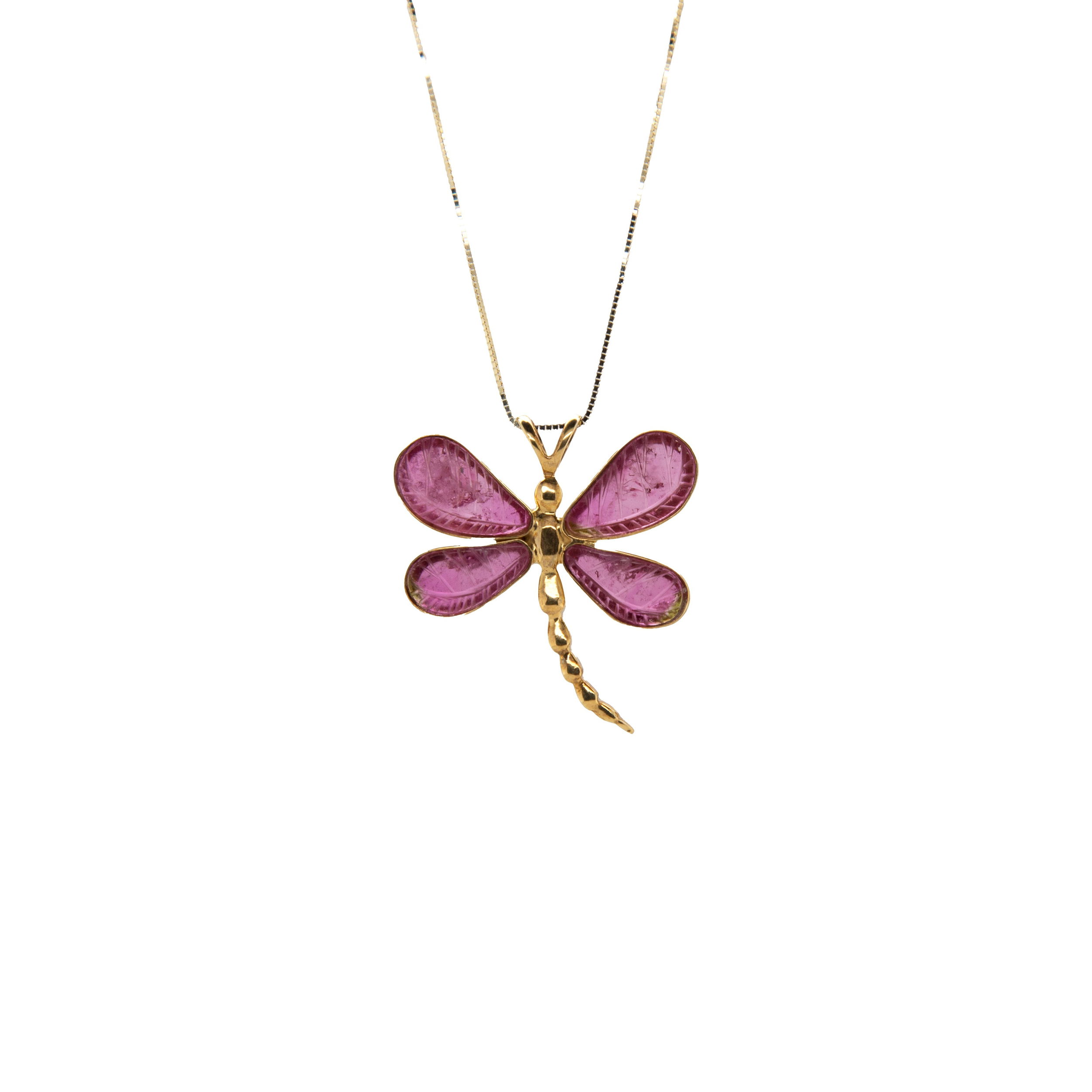 18k PINK TOURMALINE DRAGONFLY PENDANT