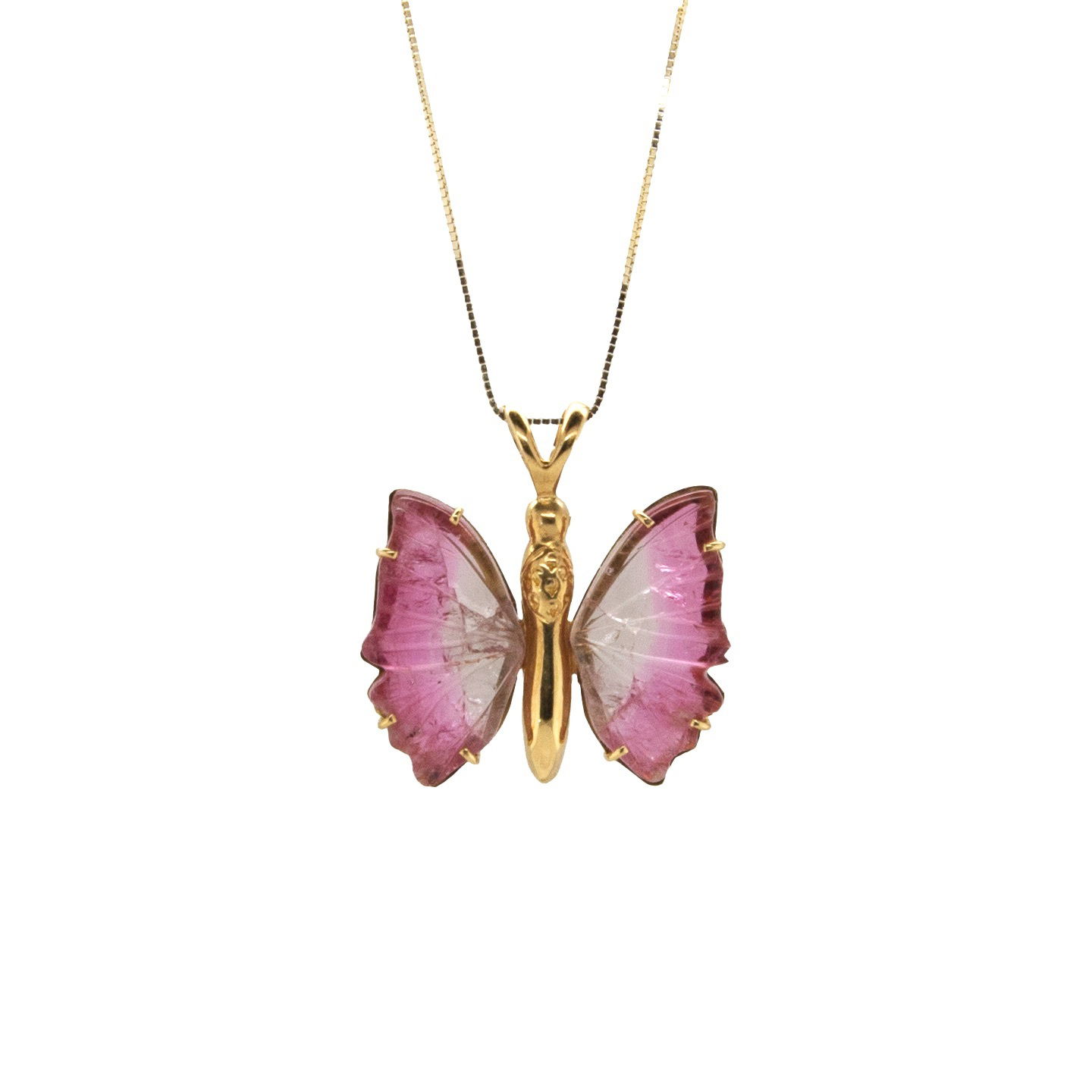 Material: 18k yellow gold Stone Type: watermelon tourmaline 18k WATERMELON TOURMALINE BUTTERFLY PENDANT