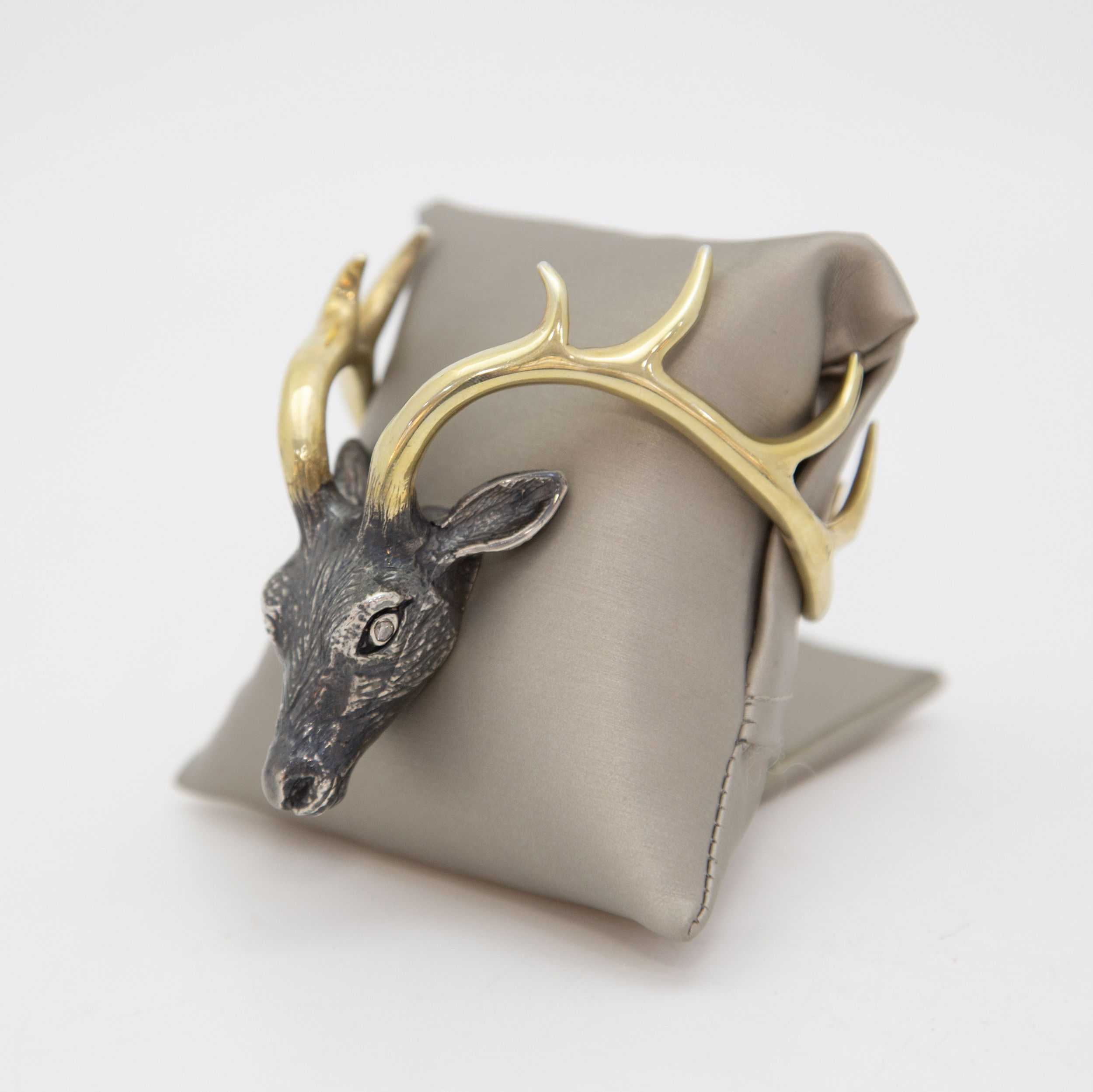 Deer/Elk With Diamond .08 Eyes Sterling and Gold Cuff Bracelet
