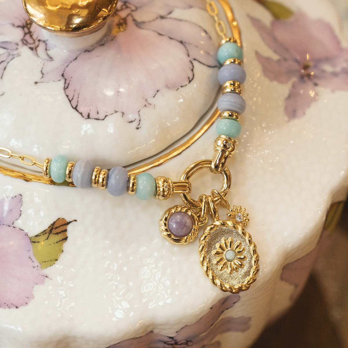 Gold Amazonite and Agate Charm Connector Necklace