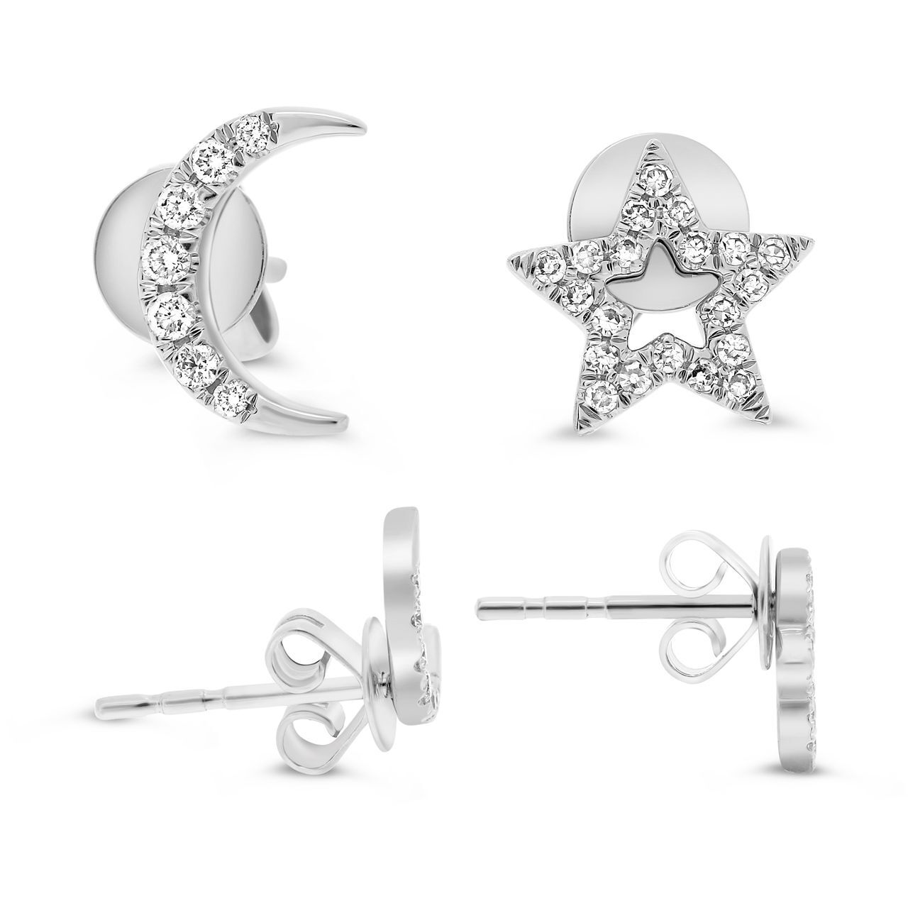 14KW Diamond .12ct Star and Moon Post Earrings
