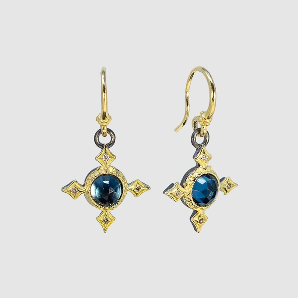 Closeup photo of LONDON BLUE TOPAZ CRIVELLI CROSS DROP EARRING