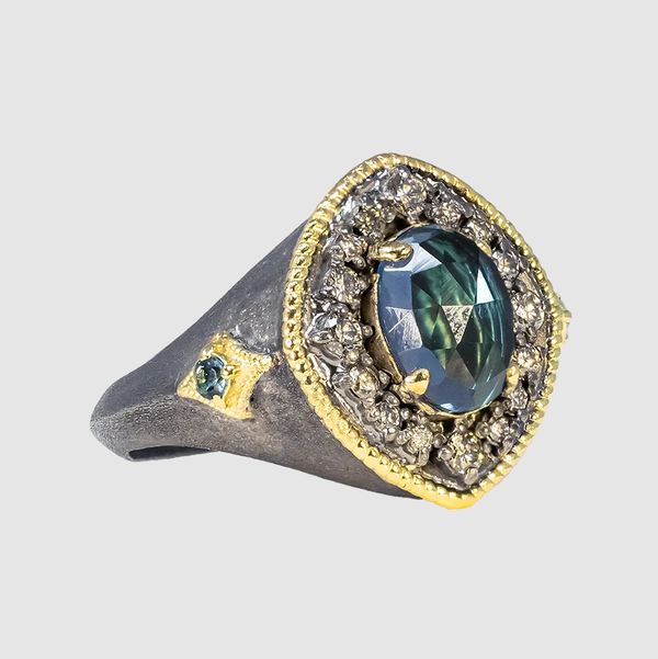 Closeup photo of LONDON BLUE TOPAZ AND DIAMOND SIGNET RING