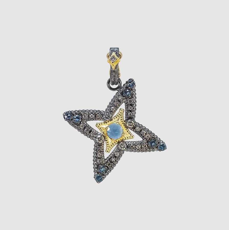 Enhancer 18K Yellow Gold and Grey Sterling Silver Star Artifact with 0.309 CT Champagne Diamonds and London Blue Topaz. LONDON BLUE TOPAZ STAR ENHANCER