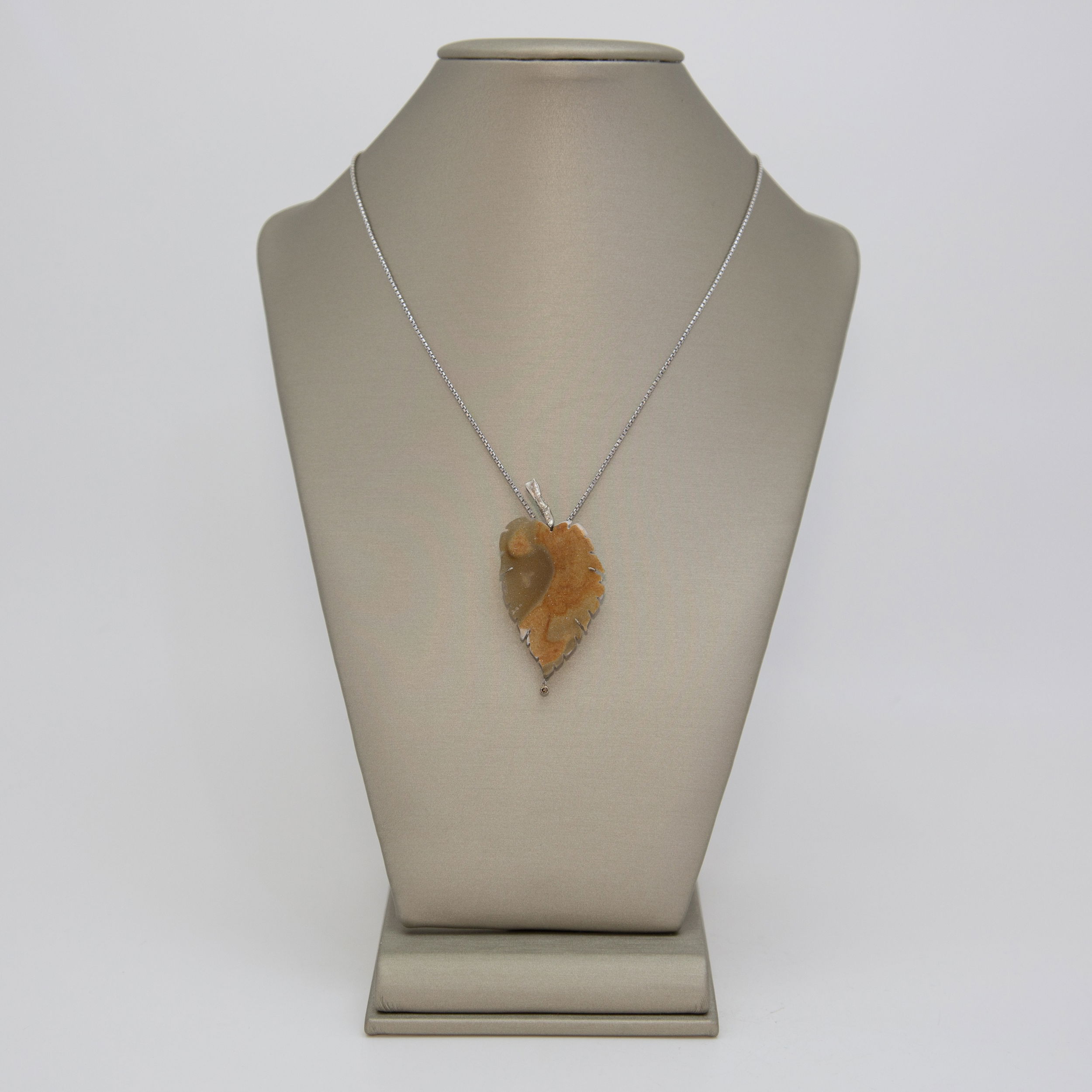 Orange Drusy Leaf with .06 Diamond Sterling Pendant