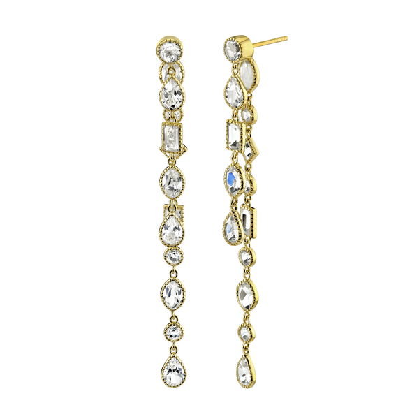 Closeup photo of SLOANE STREET WHITE TOPAZ MIX SHAPE DOUBLE DROP EARRINGS WITH OLD FASHION BEZEL