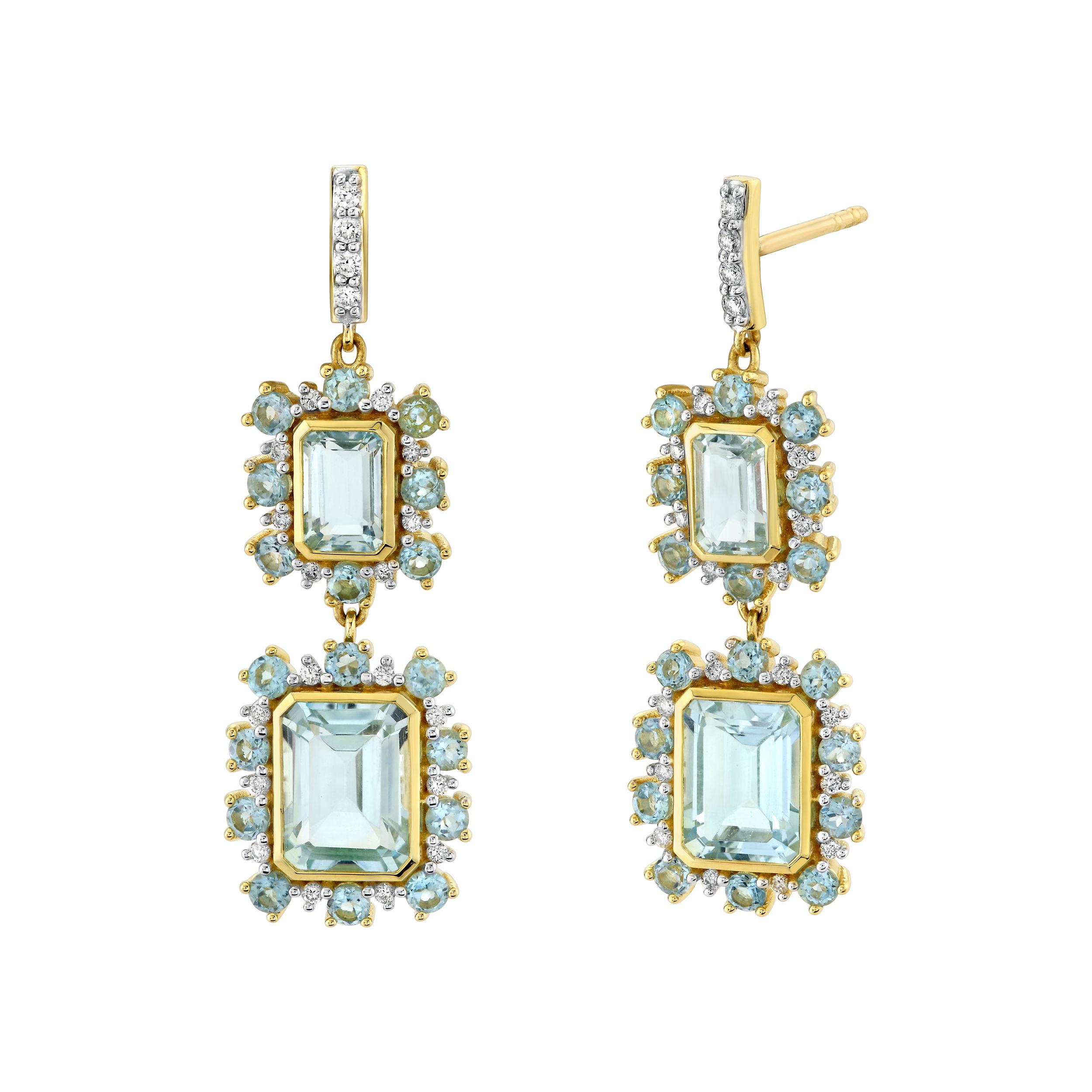 SLOANE STREET EMERALD CUT SKY BLUE TOPAZ DOUBLE DROP EARRINGS WITH SWISS BLUE TOPAZ AND DIAMOND HALO