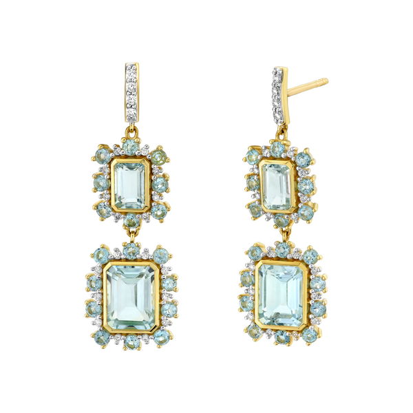 Closeup photo of SLOANE STREET EMERALD CUT SKY BLUE TOPAZ DOUBLE DROP EARRINGS WITH SWISS BLUE TOPAZ AND DIAMOND HALO