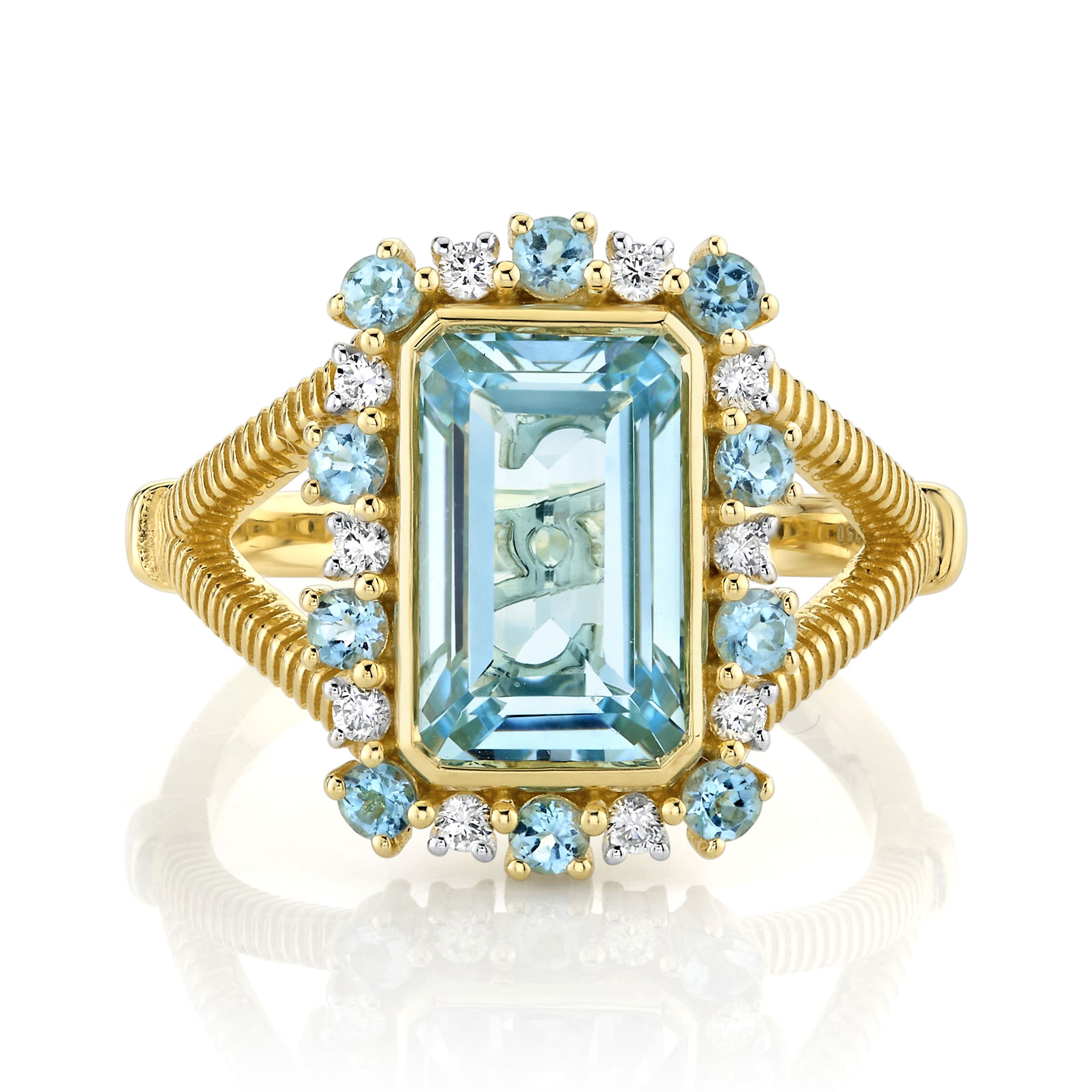 SLOANE STREET EMERALD CUT SKY BLUE TOPAZ RING WITH SWISS BLUE TOPAZ AND DIAMOND HALO