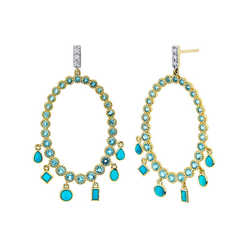 SLOANE STREET SWISS BLUE TOPAZ OVAL EARRINGS WITH DANGLING MIX SHAPE TURQUOISE WITH WHITE DIAMOND DE