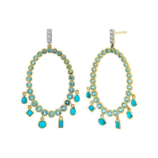 Closeup photo of SLOANE STREET SWISS BLUE TOPAZ OVAL EARRINGS WITH DANGLING MIX SHAPE TURQUOISE WITH WHITE DIAMOND DE