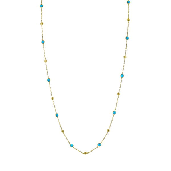 Closeup photo of SLOANE STREET BEZEL SET TURQUOISE CHAIN WITH STRIE CUSHIONS