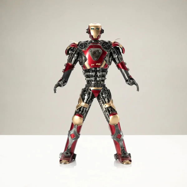 Closeup photo of 20" Red Iron Man Inspired Recycled Metal Sculpture