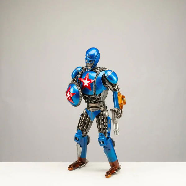 Closeup photo of 22” Captain America Inspired Recycled Metal Sculpture