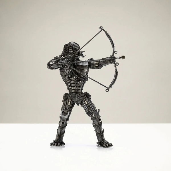 Closeup photo of 23" Predator with Bow & Arrow Inspired Recycled Metal Sculpture