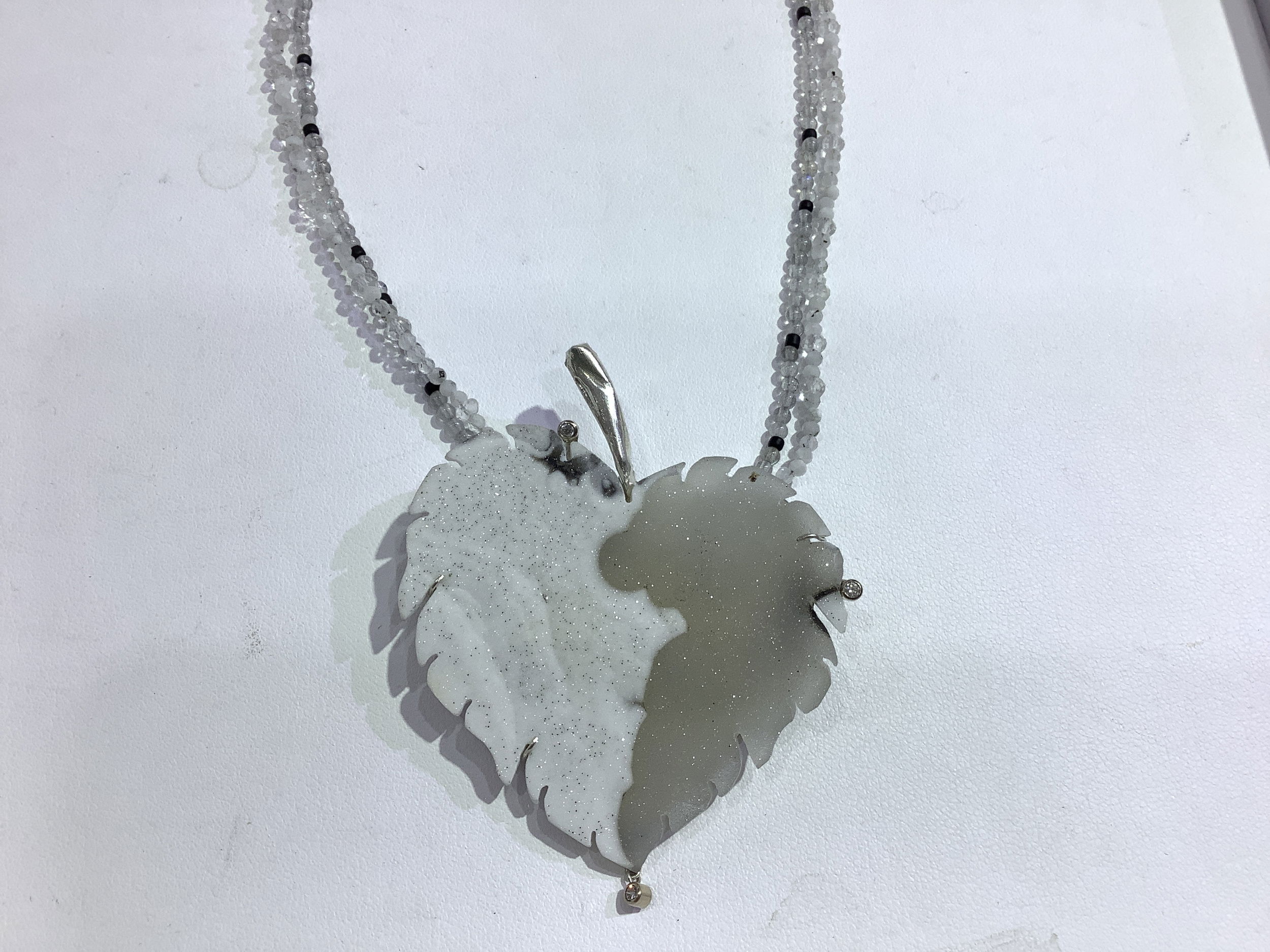 White Drusy Leaf with 3 14KW bezel set Diamonds on Labradorite, Moonstone and Crystal Beaded Necklace White Drusy Leaf with 3 14KW bezel set Diamonds on Labradorite, Moonstone and Crystal Beaded Necklace