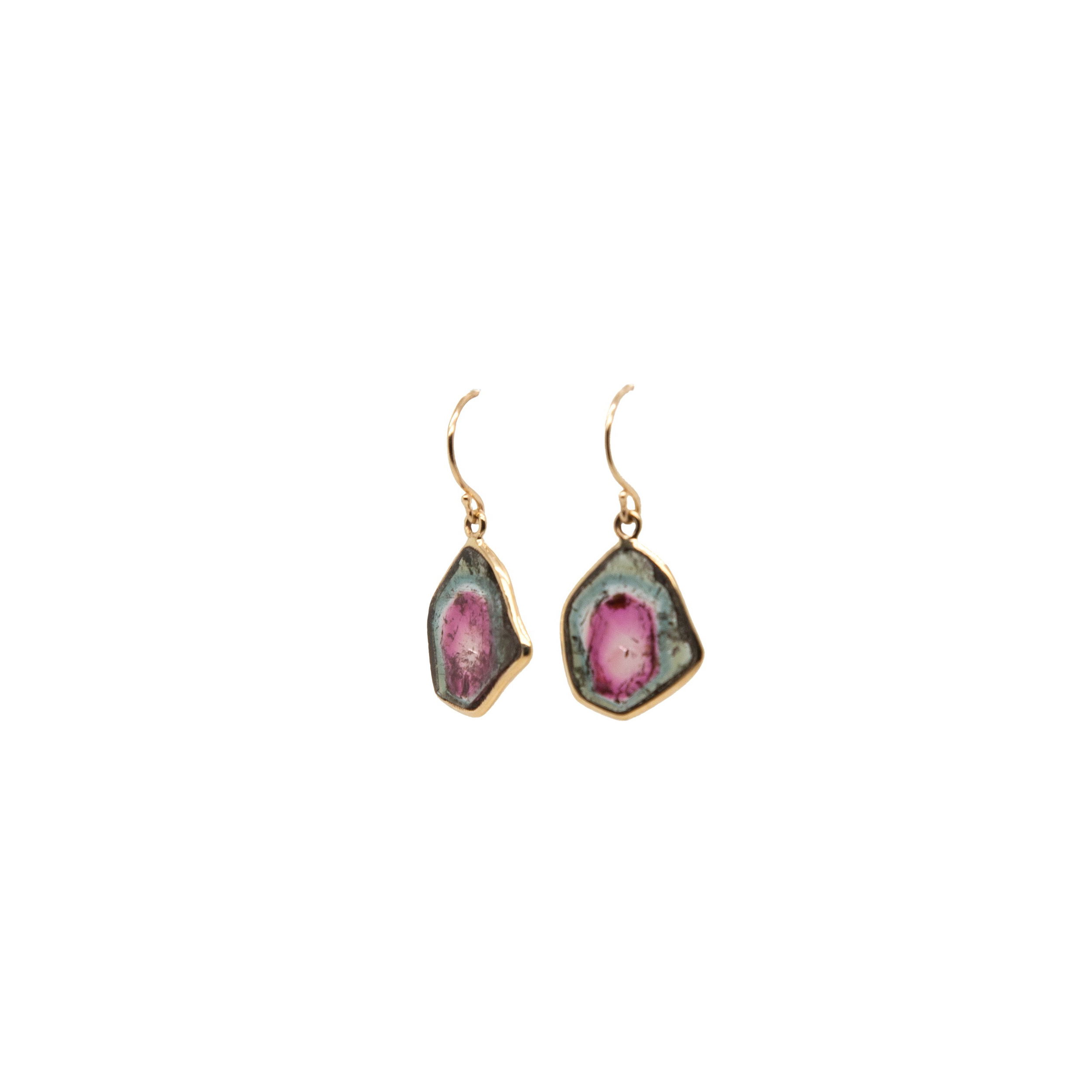 Material: 14k yellow goldStone Type: watermelon tourmalineStone Size: 6.74tcw 14k WATERMELON TOURMALINE DANGLING EARRINGS