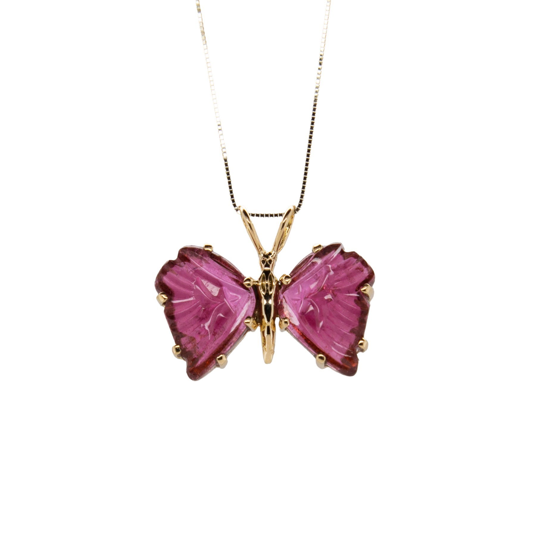Material: 14k yellow goldStone Type: watermelon tourmaline Stone Size: 10.95ct 14k BUTTERFLY WATERMELON TOURMALINE PENDANT