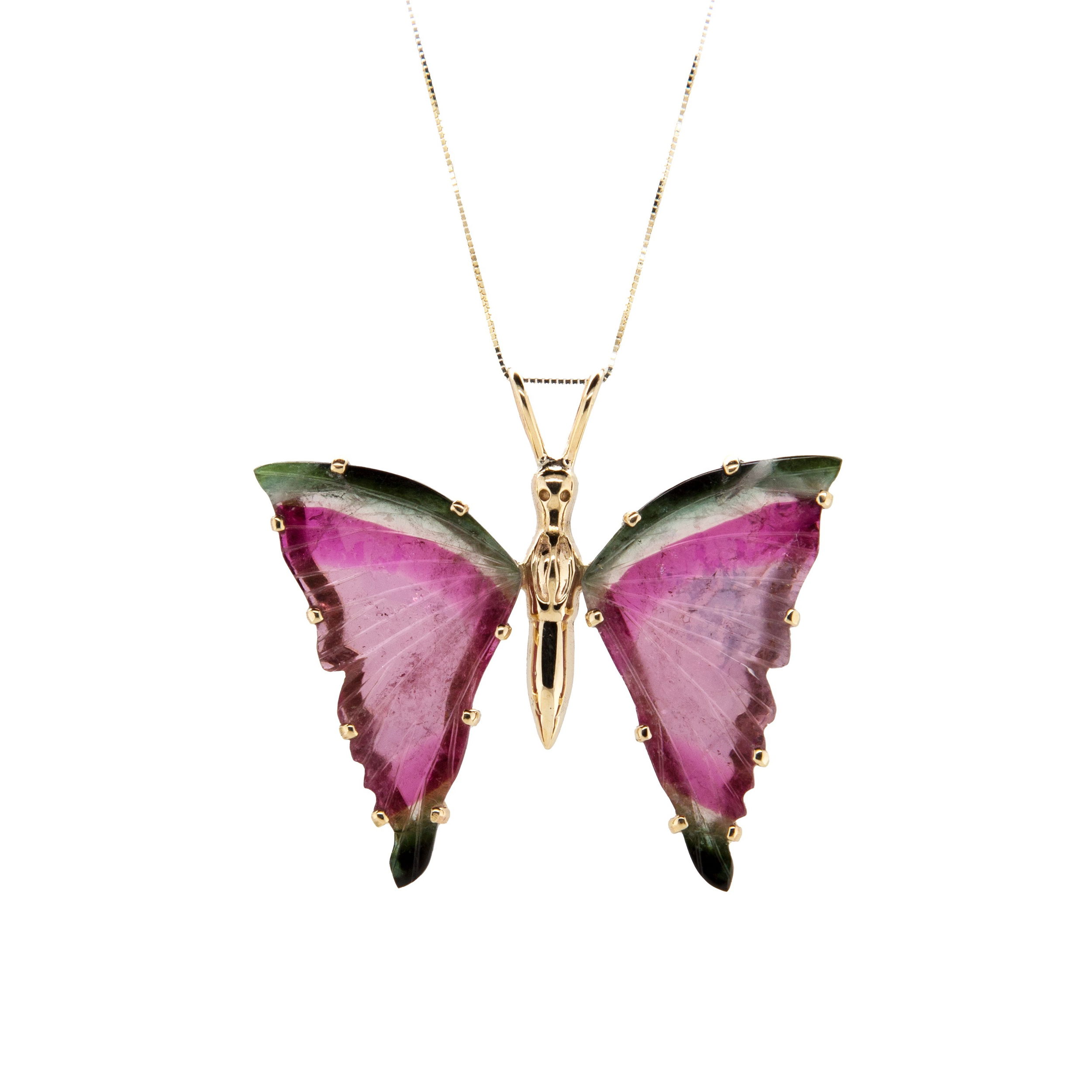 Material: 14k yellow goldStone Type: bi-color watermelon tourmaline 14k BI TOURMALINE BUTTERFLY NECKLACE