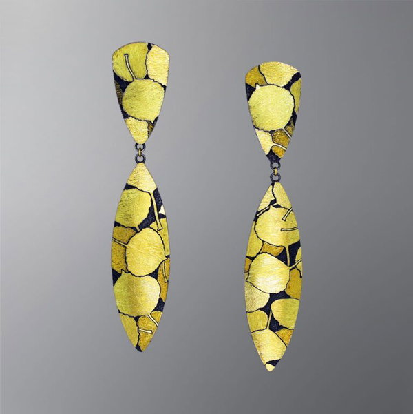 Closeup photo of Aspen Leaves Connecting to Earth Marquis Post Earrings