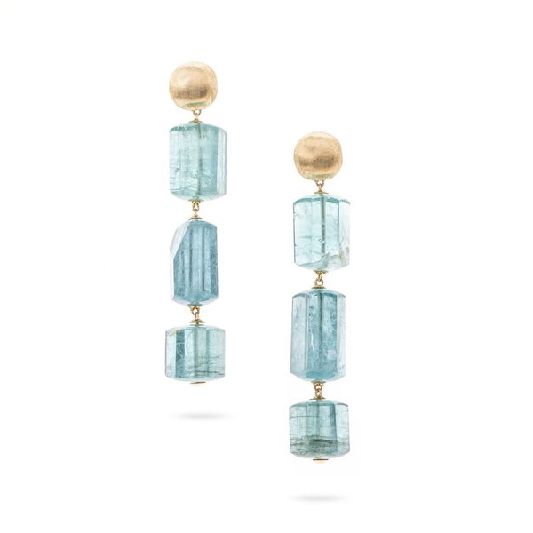 Closeup photo of MARCO BICEGO One of a Kind Natural Aquamarine Earrings 18k Yellow Gold