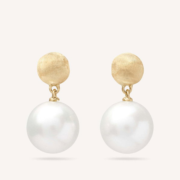 Closeup photo of 18K Yellow Gold Pearl Drop Earrings, Small