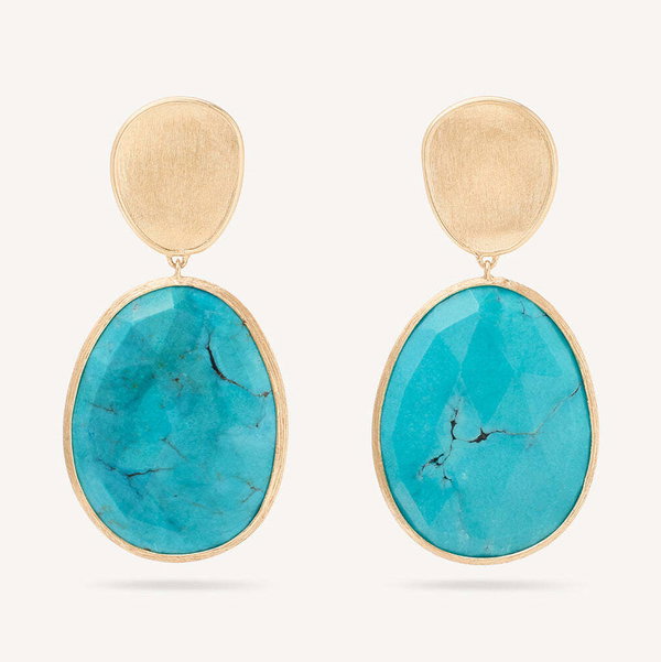Closeup photo of 18K Yellow Gold Double Drop Turquoise Earrings