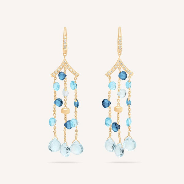 Closeup photo of 18K Yellow Gold Mixed Topaz Three-Strand Chandelier Earrings