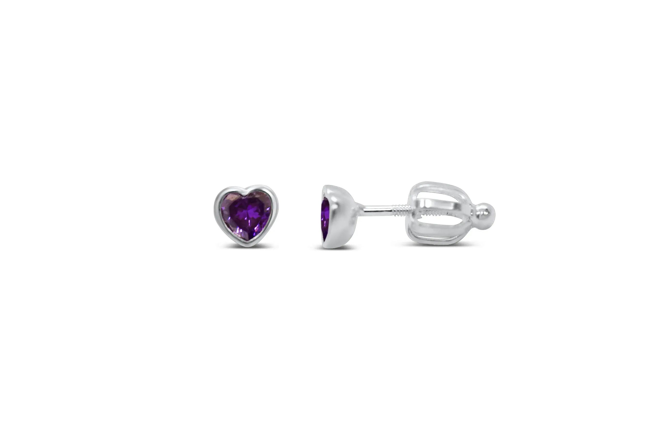 Bezel Heart Earrings (Amethyst/February)