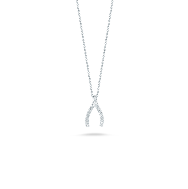 Closeup photo of 18K WHITE GOLD TINY TREASURES DIAMOND WISHBONE NECKLACE