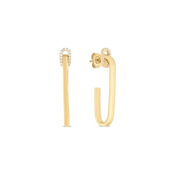 Closeup photo of 18K YELLOW GOLD NAVARRA DIAMOND SINGLE LINK DROP EARRINGS