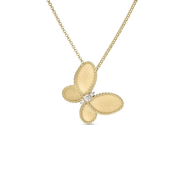 Closeup photo of 18K YELLOW GOLD JASMINE DIAMOND & SATIN FINISH BUTTERFLY NECKLACE