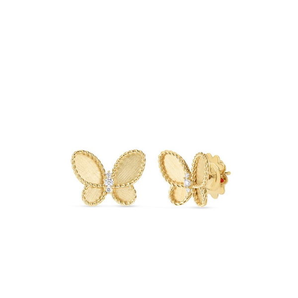 Closeup photo of 18K YELLOW GOLD JASMINE DIAMOND & SATIN FINISH BUTTERFLY STUD EARRINGS