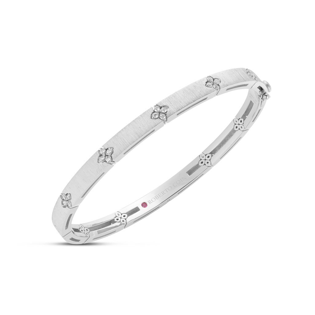 18K WHITE GOLD LOVE IN VERONA MEDIUM WIDTH DIAMOND ACCENT & SATIN FINISH BANGLE 18K WHITE GOLD LOVE IN VERONA MEDIUM WIDTH DIAMOND ACCENT & SATIN FINISH BANGLE