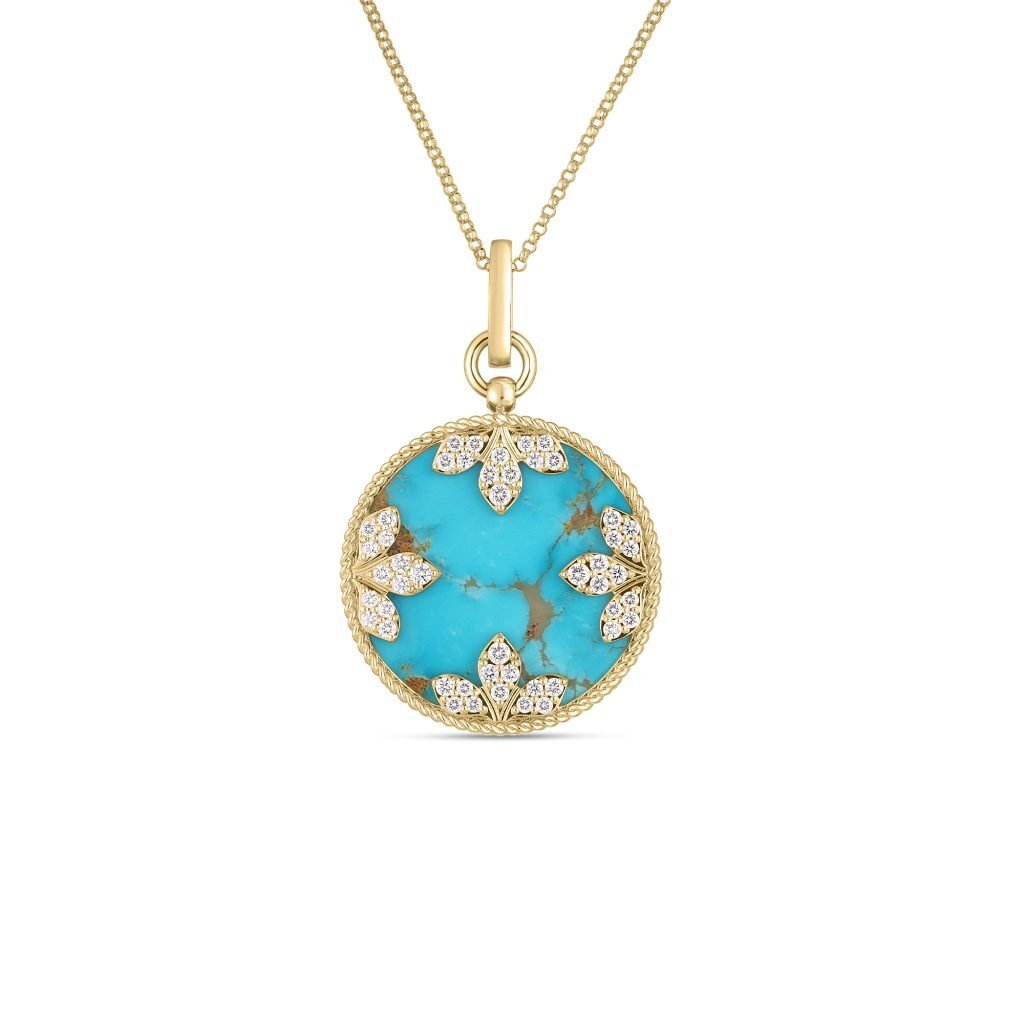 18K YELLOW GOLD COLORED MEDALLIONS LARGE DIAMOND AND TURQUOISE NECKLACE