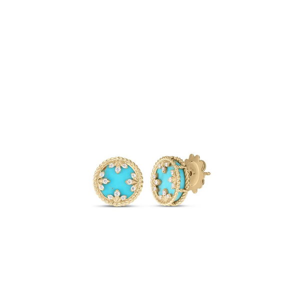 Closeup photo of 18K YELLOW GOLD COLORED MEDALLIONS SMALL DIAMOND AND TURQUOISE STUD EARRINGS