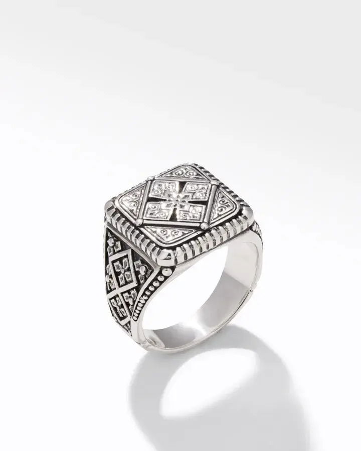 Individually crafted in Athens, Greece, from Silver and 18-karat gold, Konstantino collections are known for unique designs and remarkable artisanship. Designer Konstantino Sioulas is inspired by the art, architecture, mythology, and people of Greece.Show of your unique sense of style with this gorgeous men's ringEach piece is individually crafted with etched and engraved silverFeatures a stylized Maltese cross based on the symbol of the Knights of MaltaHandcrafted in Athens, GreeceKonstantino collections are inspired by the art, architecture, mythology and people of Greece Konstantino Men's 925 Sterling Silver Square Maltese Ring