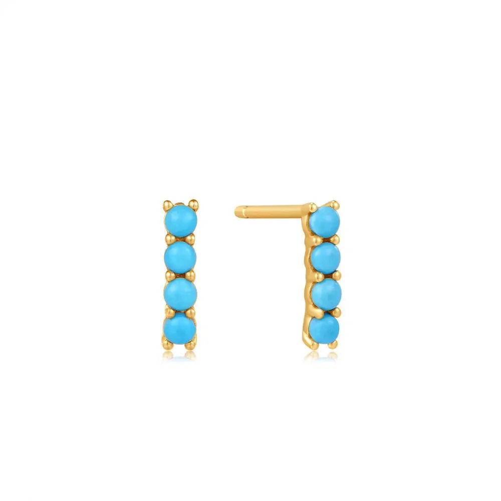 14K Gold Turquoise Cabochon Bar Stud Earrings