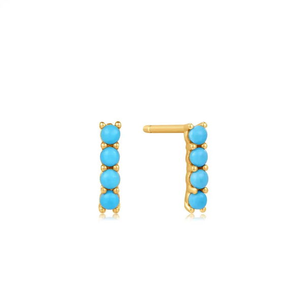 Closeup photo of 14K Gold Turquoise Cabochon Bar Stud Earrings