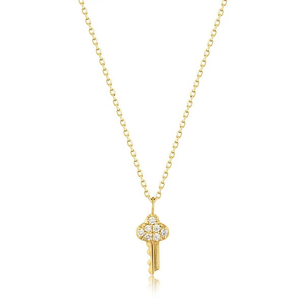 Closeup photo of 14K Gold Natural Diamond Key Necklace