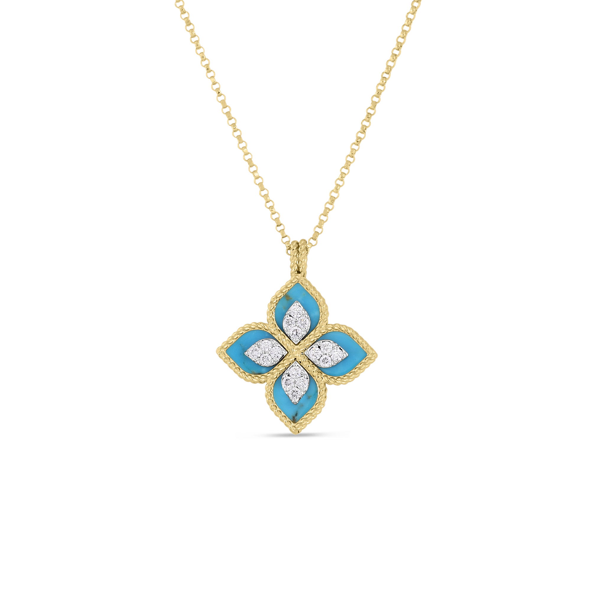 CHAIN IS APPROXIMATELY 18" APPROXIMATELY 0.15 DIAMOND TCW APPROXIMATELY 2.89 TURQUOISE TCW 18K YELLOW/WHITE GOLD VENETIAN PRINCESS DIAMOND & TURQUOISE FLOWER NECKLACE