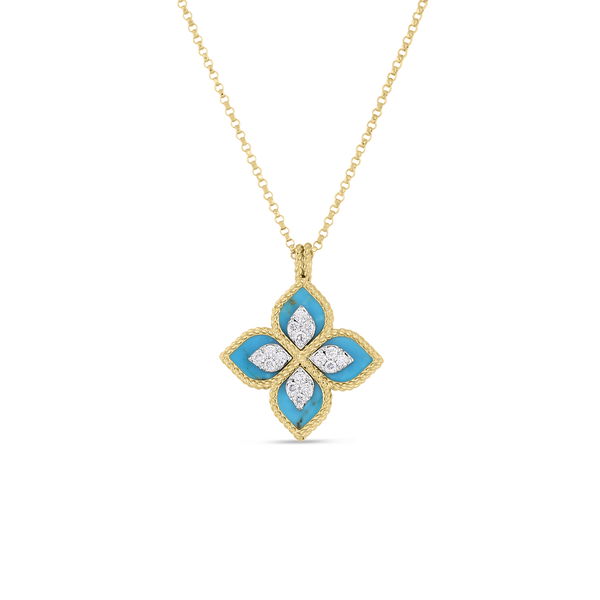 Closeup photo of 18K YELLOW/WHITE GOLD VENETIAN PRINCESS DIAMOND & TURQUOISE FLOWER NECKLACE