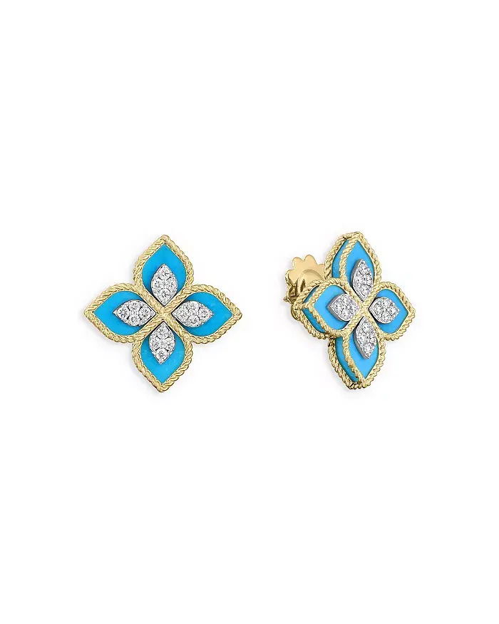 POST WITH BUTTERFLY BACK APPROXIMATELY 0.35 DIAMOND TCW APPROXIMATELY 5.70 TURQUOISE TCW 18K YELLOW/WHITE GOLD VENETIAN PRINCESS DIAMOND & TURQUOISE FLOWER EARRINGS